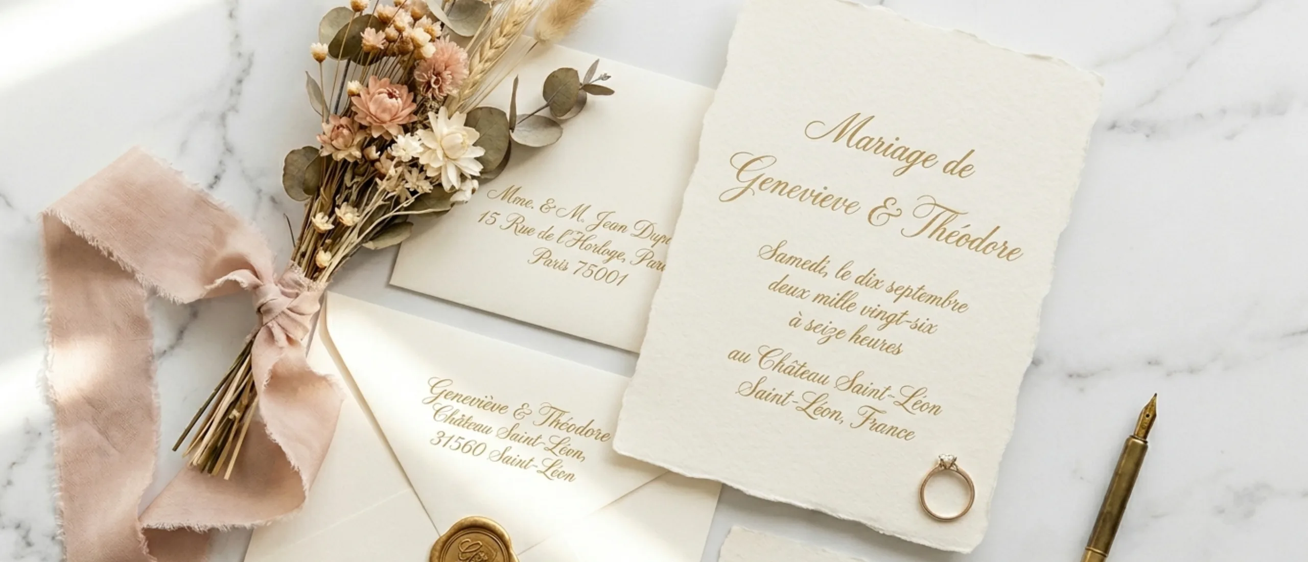 Courrier d'annonce de mariage élégant avec calligraphie dorée